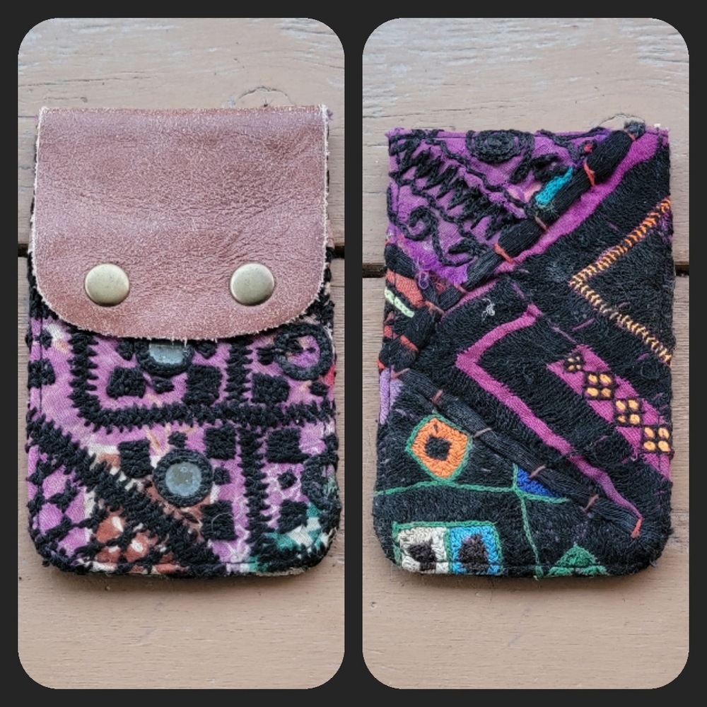 🧠🍳 Free People Boho Embroidered Repurposed vtg banjara hippie Wallet card case